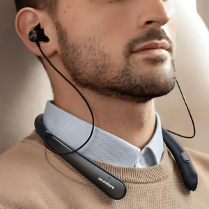 Phone headphones hanging on the neck